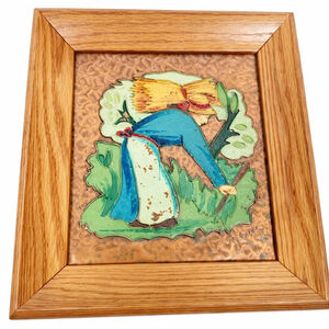 Albert Gilles Hammered Copper Enamel Framed Plaque Arts & Crafts Harvester